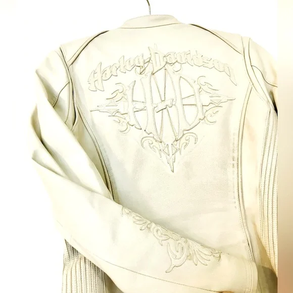 100% GENUINE LEATHER CREAM HARLEY DAVIDSON BIKER MOTO JACKET SIZE SMALL - Picture 7 of 7